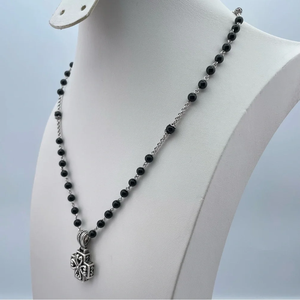 Victorian Gothic Revival 925 Silver Cross Necklace – Black Onyx Beaded Chain